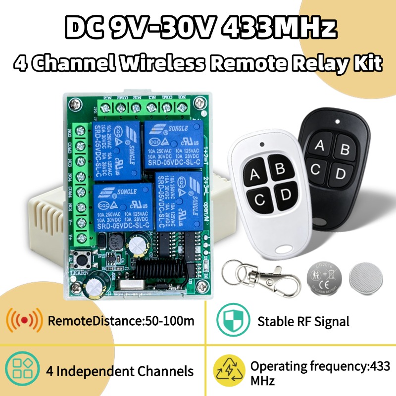 Relay Module 4 Channel - 433MHz Universal Wireless Remote Control DC